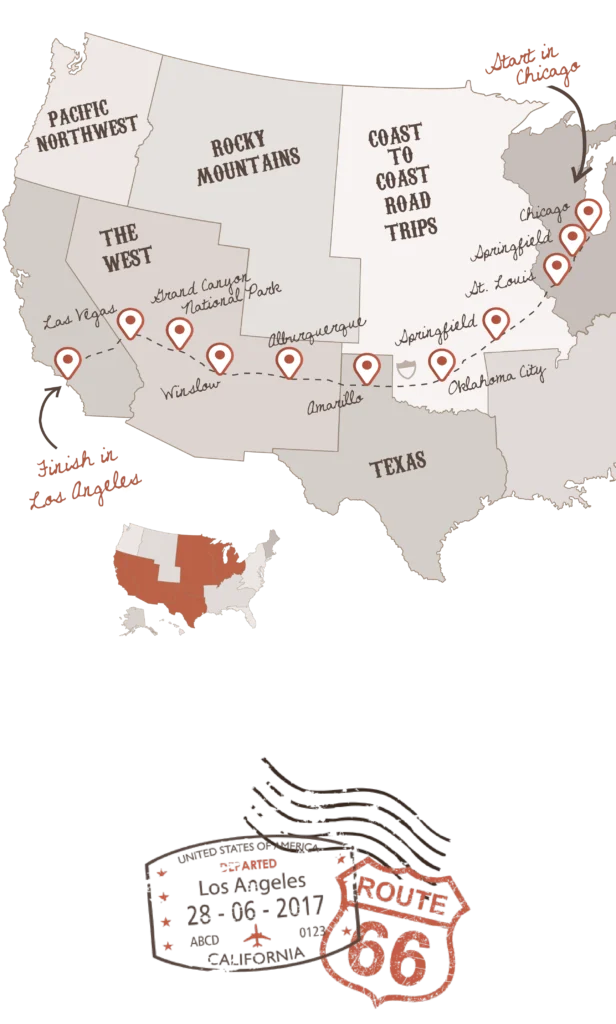 Route 66 Explorer road trip itinerary 2025 fromChicago to LA, via Las Vegas and Grand Canyon