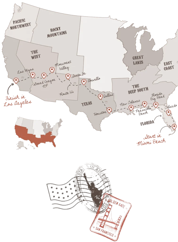 Southern Crossover Road trip itinerary map. Drive from Miami to Los Angeles with the American Road Trip Company