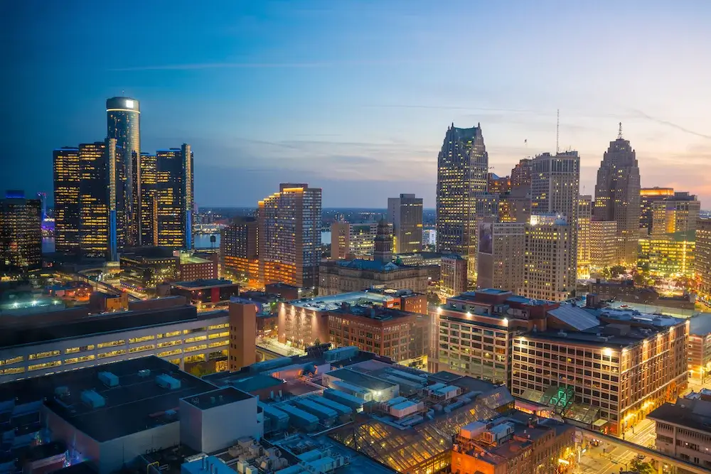 Aerial view of downtown Detroit, Michigan USA