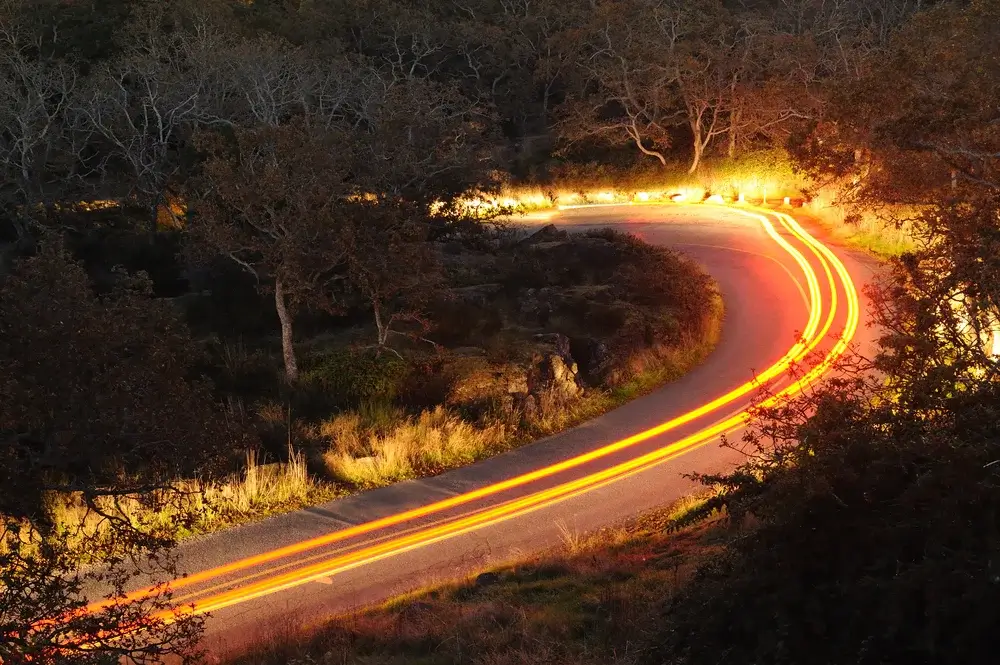 British Columbia, Canada - night scene of car traces in a road in mount tolmie park, victoria, british columbia, canada