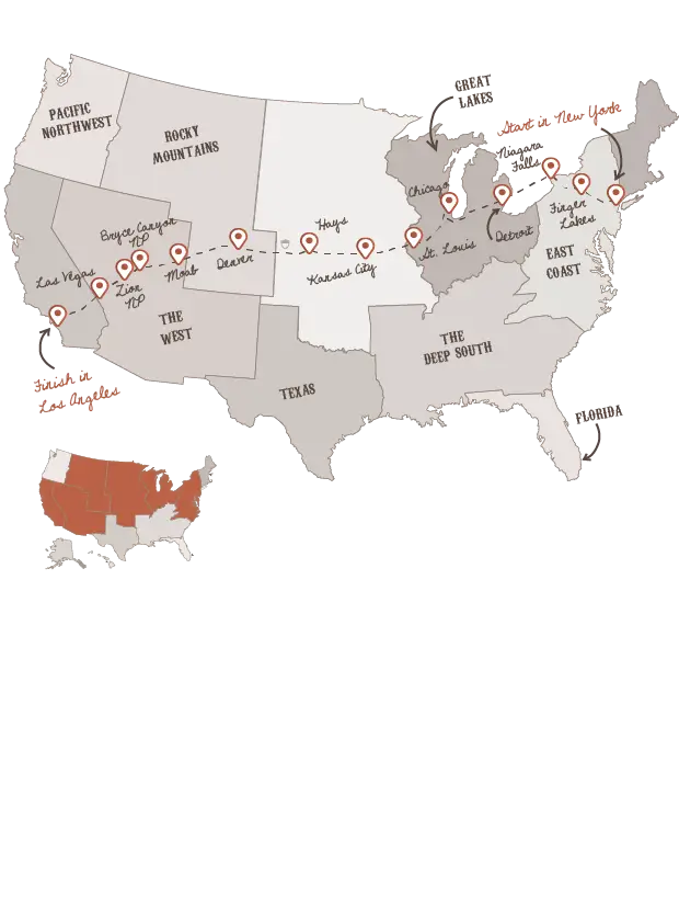 New York to Los Angeles route with The American Road Trip Company