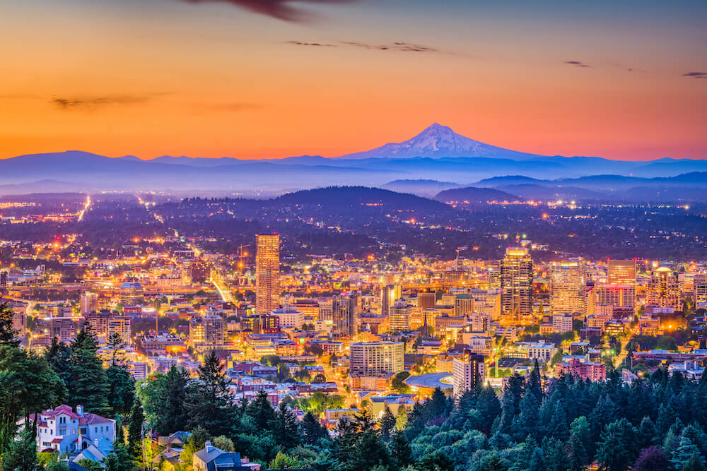 Skyline of Portland, Oregon, USA, downtown skyline with Mt. Hood in the distance