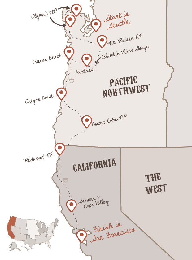 Seattle To San Francisco route with The American Road Trip Company