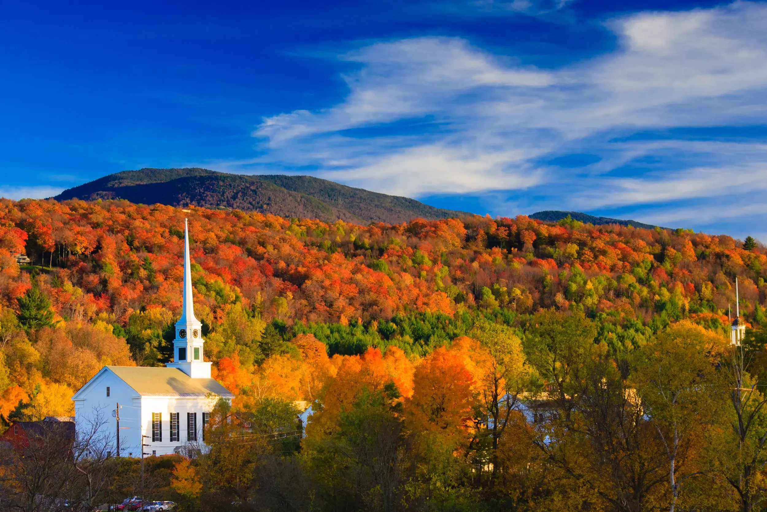 Fall, Autumn Foliage and the Stowe Community Church, Stowe, Vermont, USA