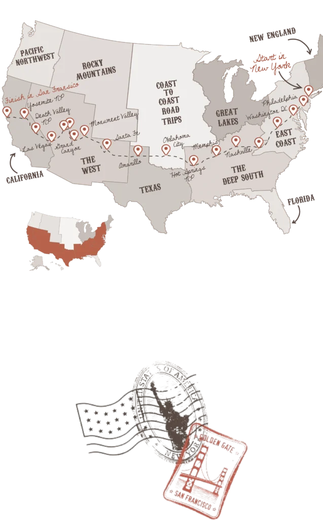 Trans America road trip itinerary map with The American Road Trip Company